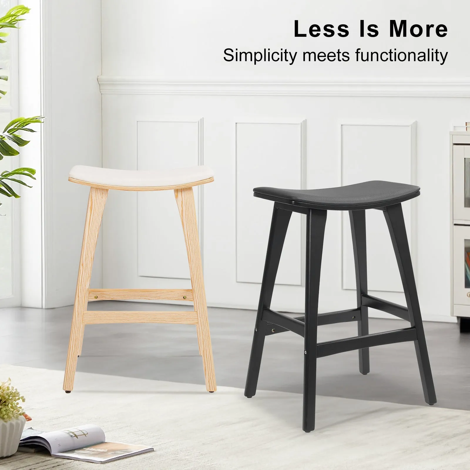 2X Wooden Bar Stool | Padded Fabric Dining Chair | Kanso | 65cm | Beige