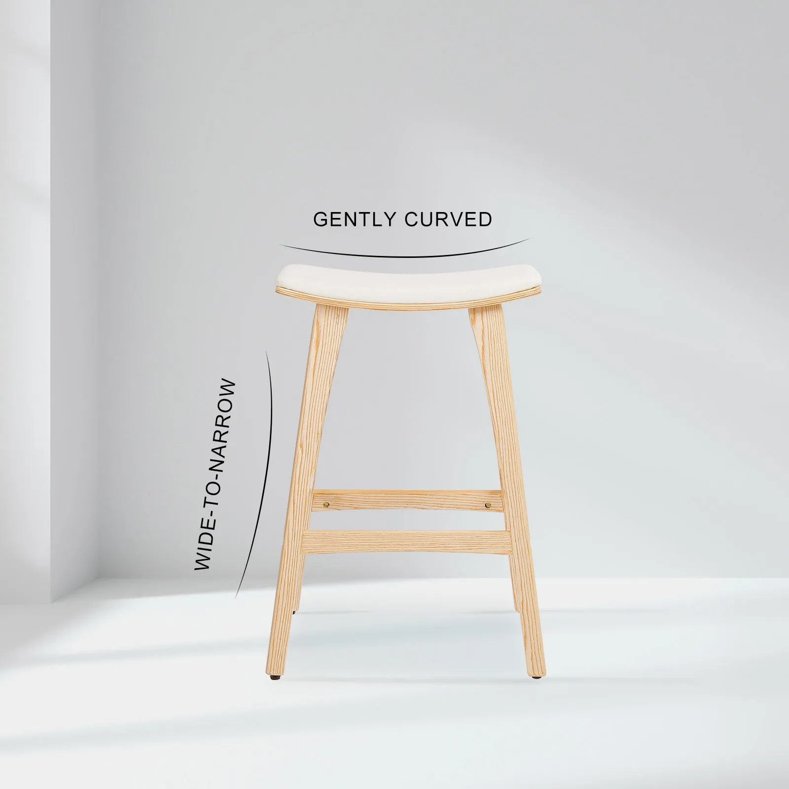 2X Wooden Bar Stool | Padded Fabric Dining Chair | Kanso | 65cm | Beige