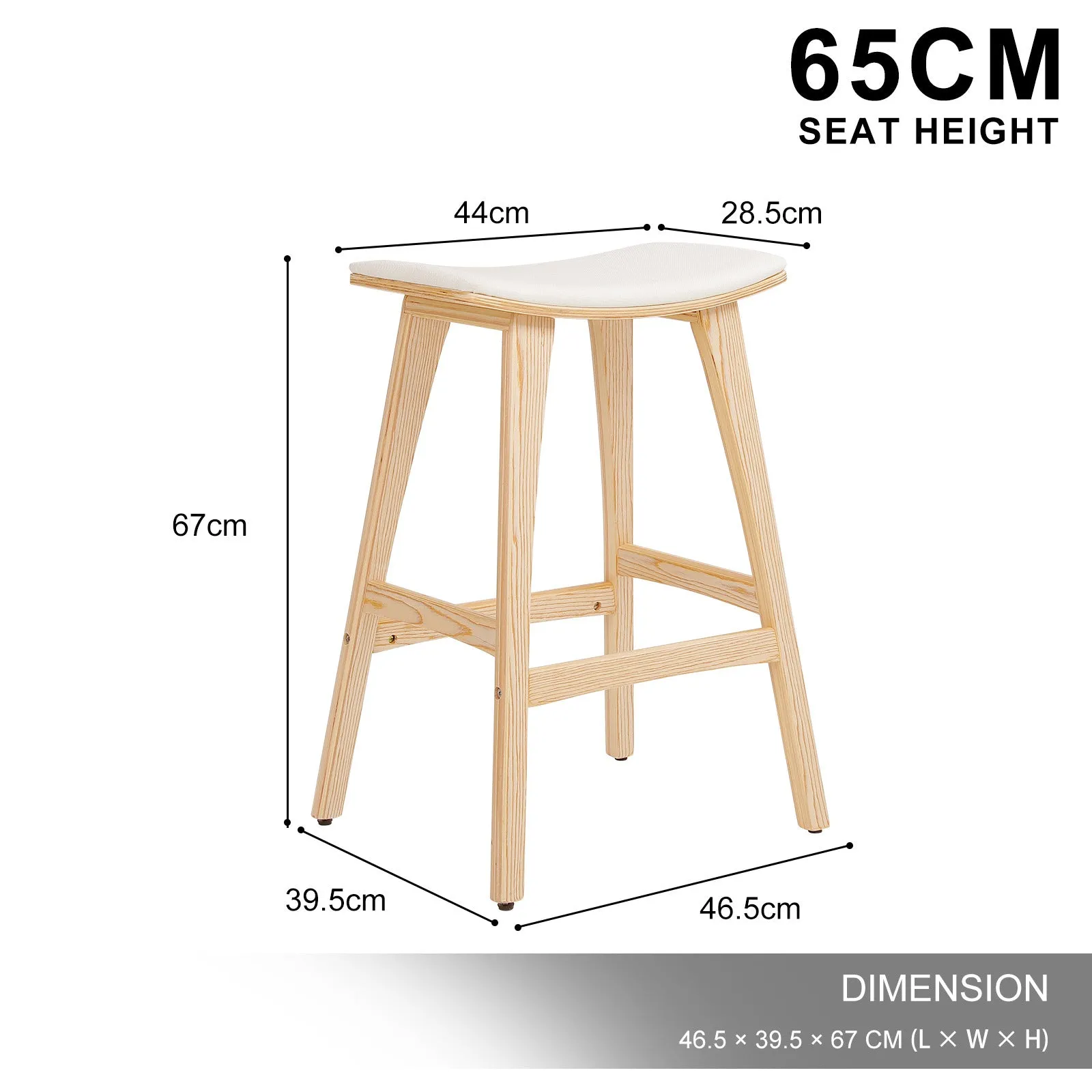 2X Wooden Bar Stool | Padded Fabric Dining Chair | Kanso | 65cm | Beige