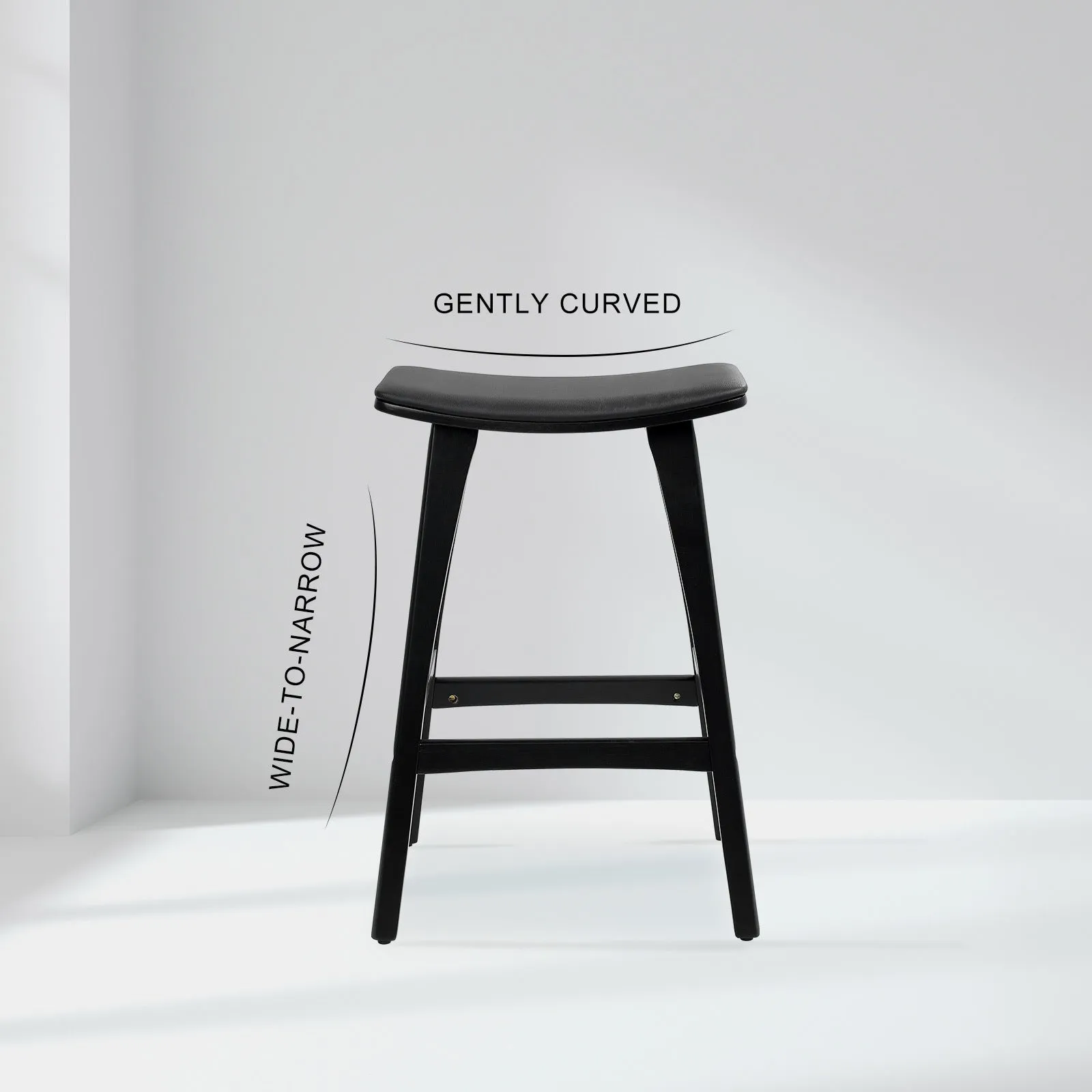 2X Wooden Bar Stool | Padded PU Leather Dining Chair | Kanso | 65cm | Black
