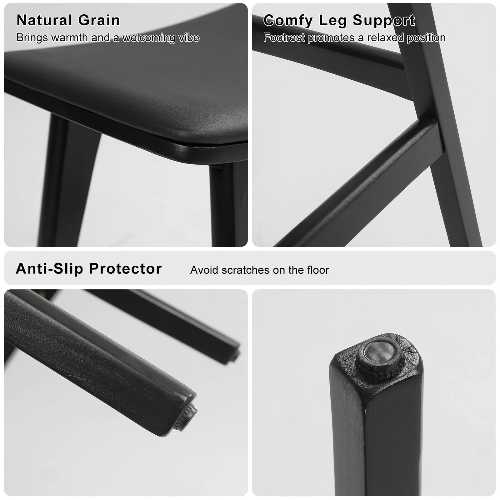 2X Wooden Bar Stool | Padded PU Leather Dining Chair | Kanso | 65cm | Black