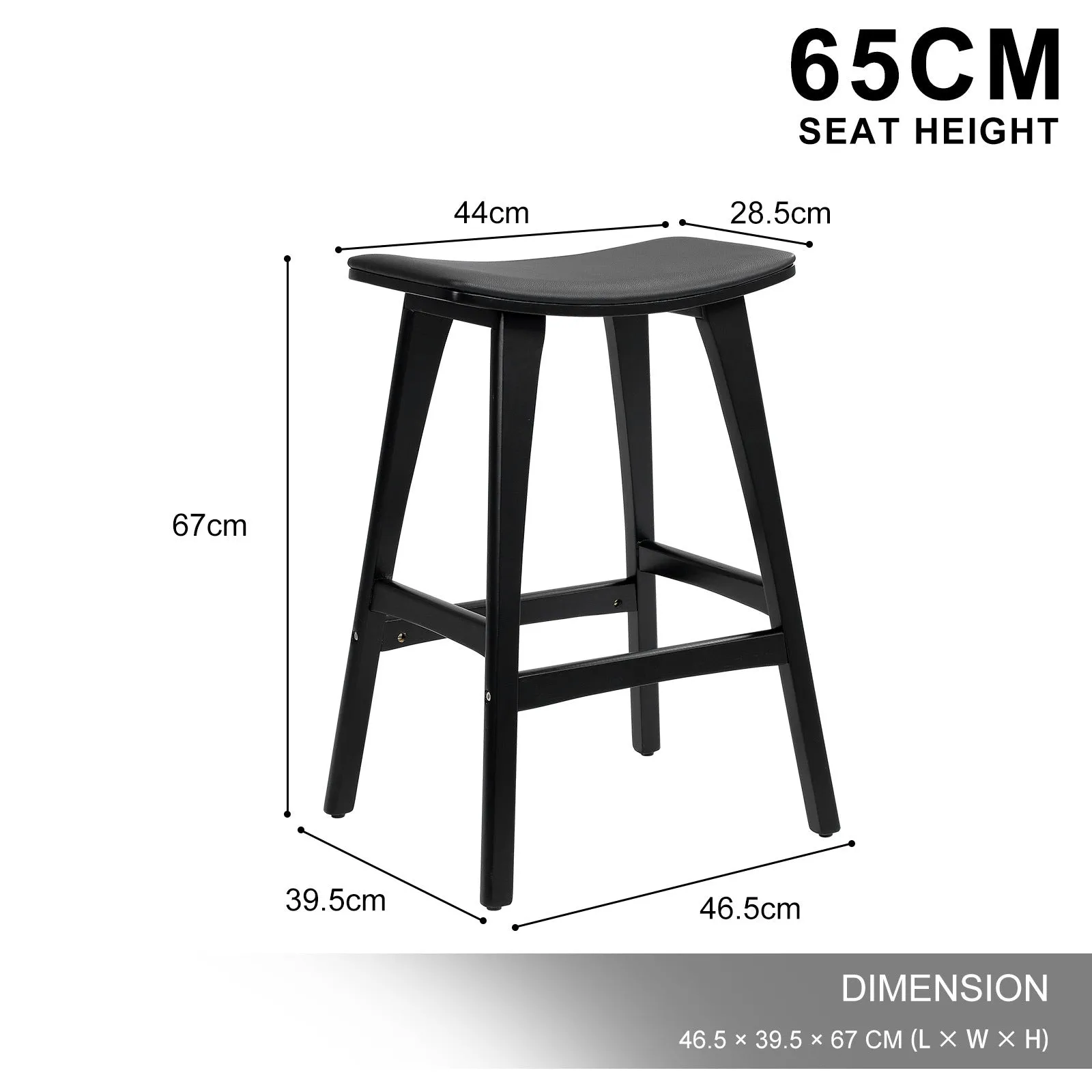 2X Wooden Bar Stool | Padded PU Leather Dining Chair | Kanso | 65cm | Black