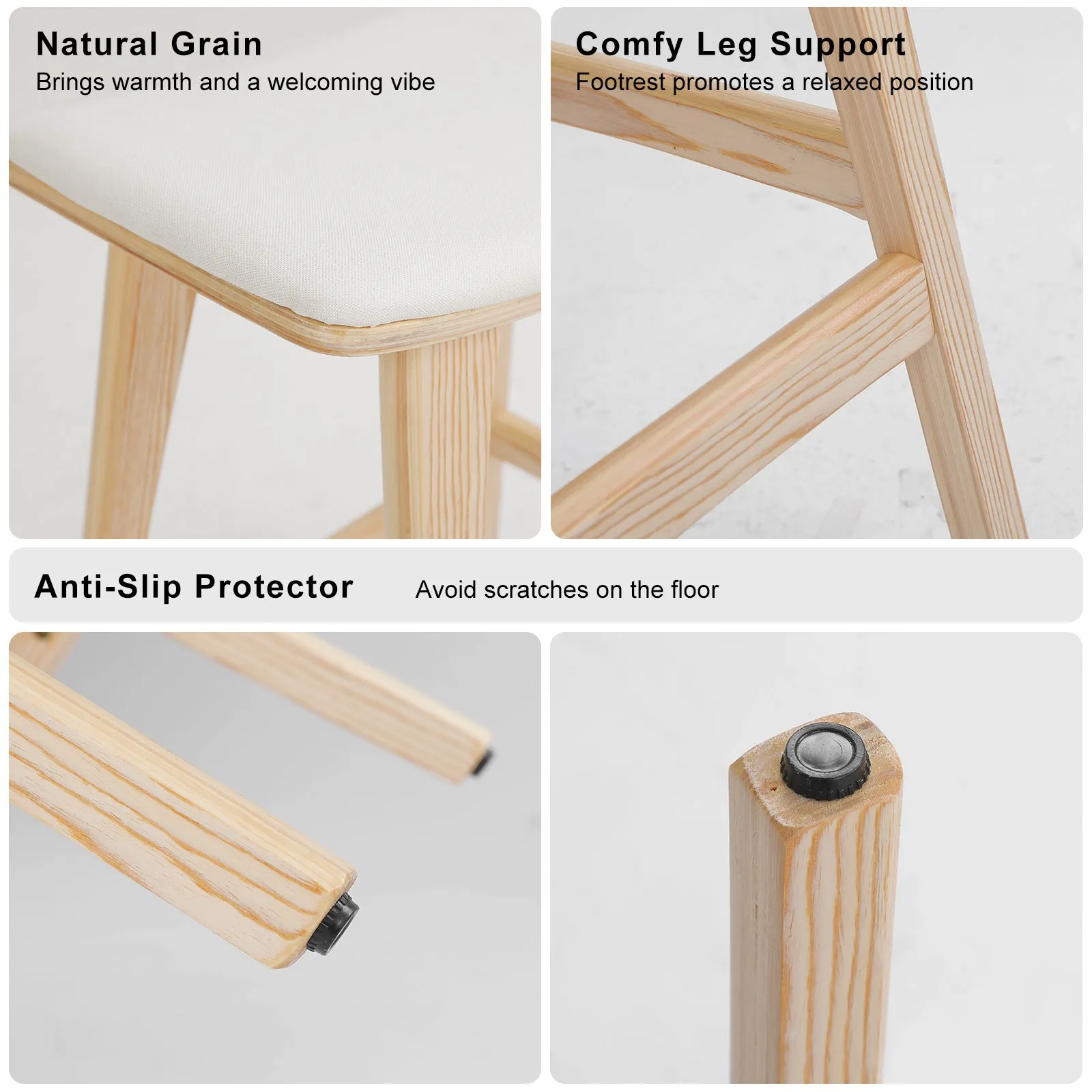 4X Wooden Bar Stool | Padded Fabric Dining Chair | Kanso | 65cm | Beige