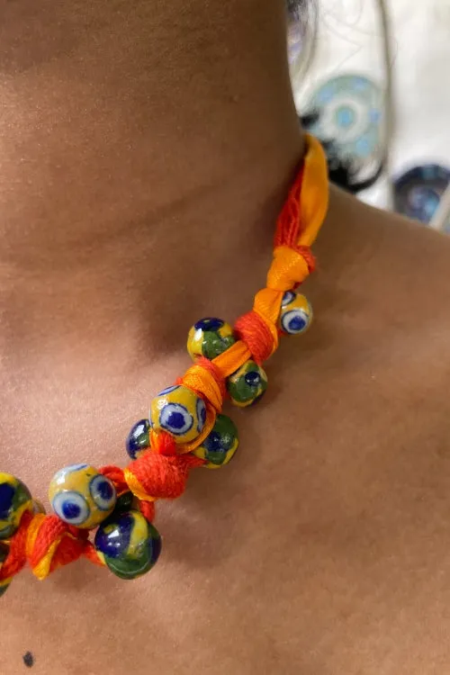 Blue Pottery Handcrafted Orange And Yellow Knot Necklace