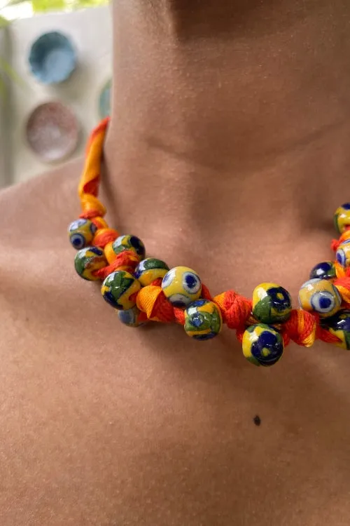 Blue Pottery Handcrafted Orange And Yellow Knot Necklace