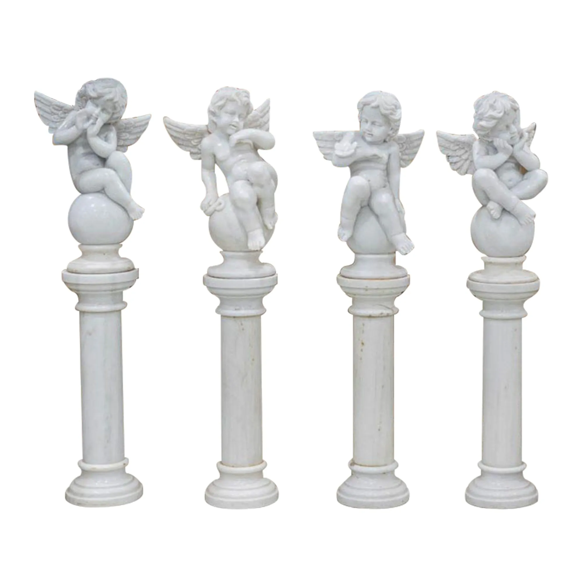 FINEST Yard Sculptures Cherub White Marble Statues With Pillar Base FM-013