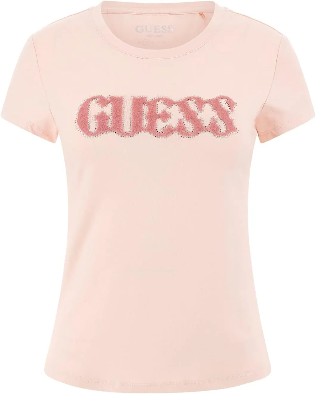 GUESS Women's Short Sleeve Eco Glitter Degrade Logo Tee