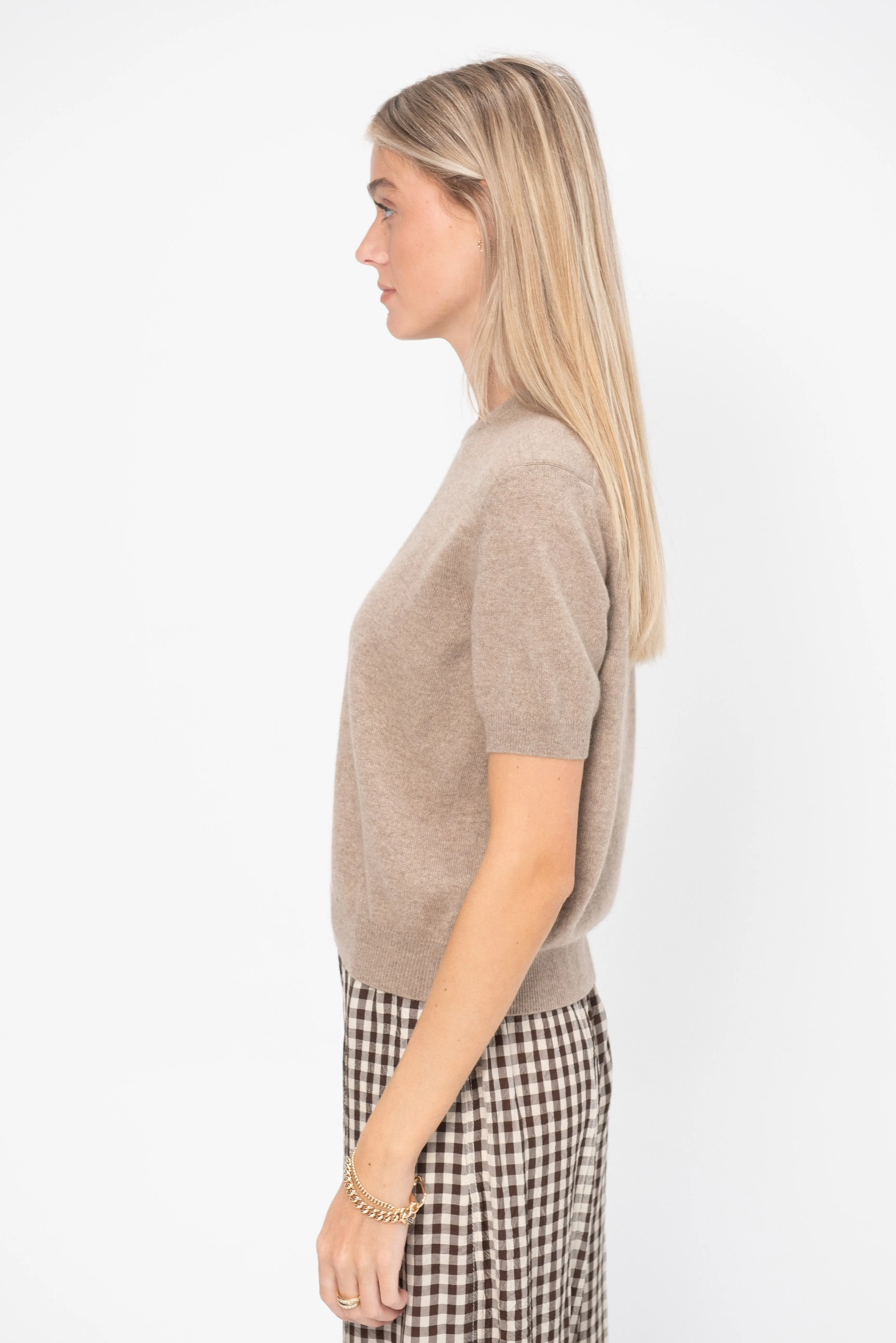 Pearl Cashmere Short Sleeved Crewneck, Latte